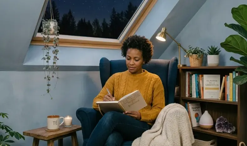 Mujer escribiendo en su diario de gratitud matutino