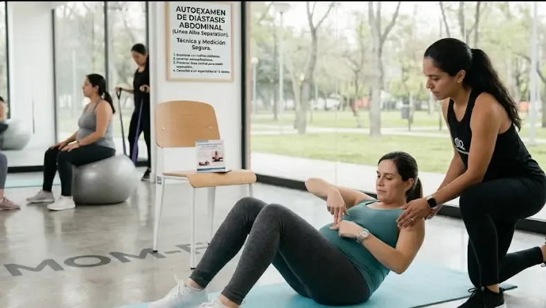 Mujer revisando su diástasis abdominal tumbada en el suelo