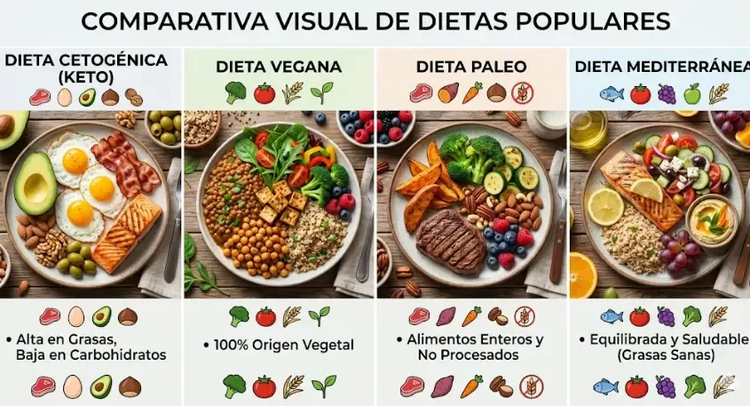 Comparativa visual de los tres enfoques dietéticos: Keto, Paleo y Ayuno Intermitente