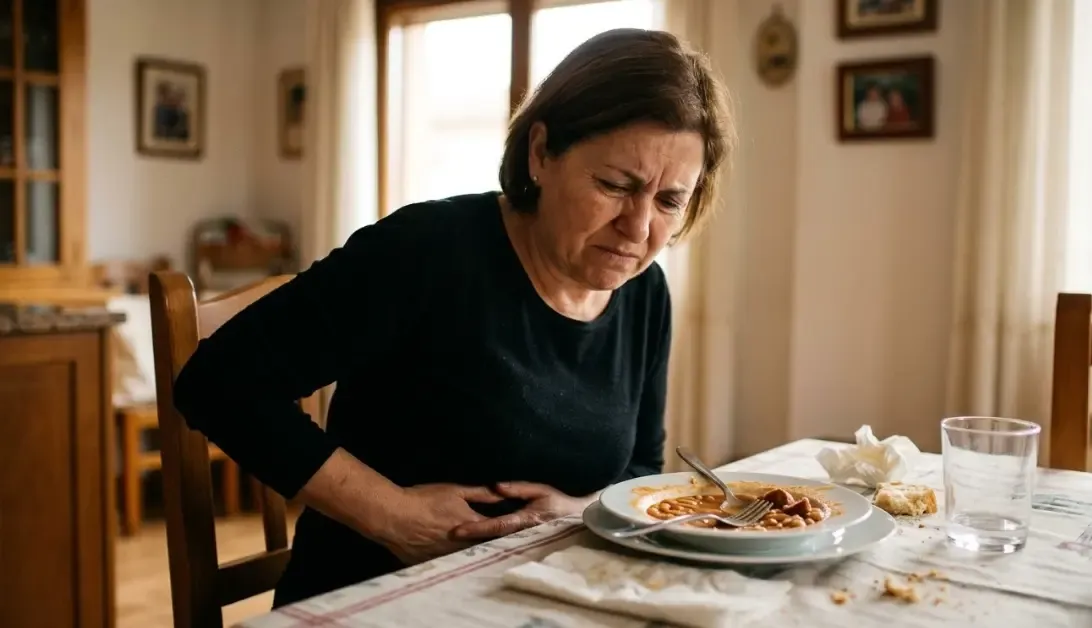 Mujer tocándose el estómago con expresión de dolor e incomodidad tras una comida, ilustrando los síntomas de una intolerancia alimentaria