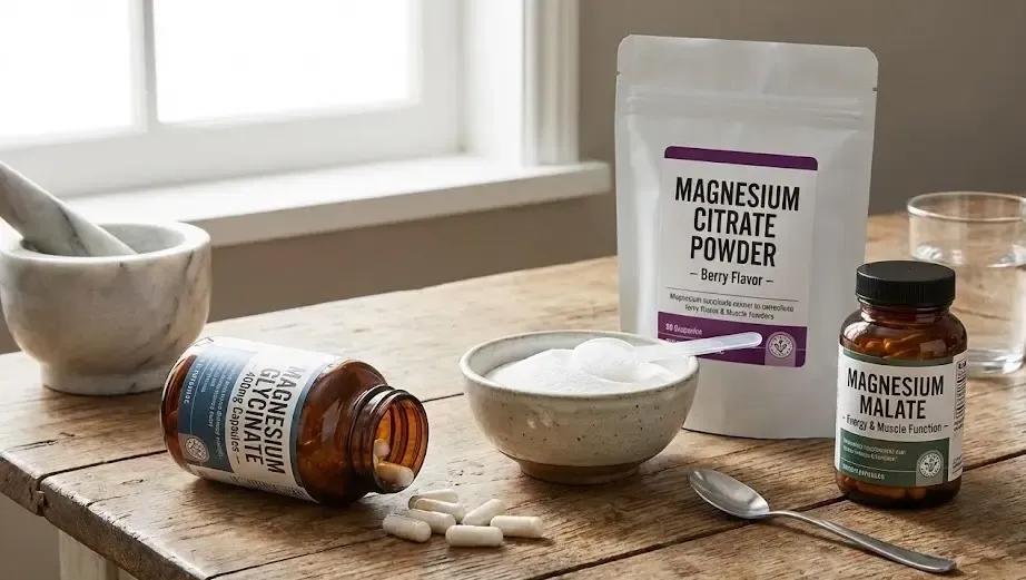 Bodegón con diferentes tipos de suplementos de magnesio (cápsulas y polvo) con etiquetas legibles sobre una mesa de madera