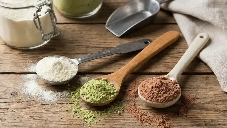 Cucharas medidoras con diferentes tipos de proteína en polvo (suero, guisante, chocolate) sobre una mesa