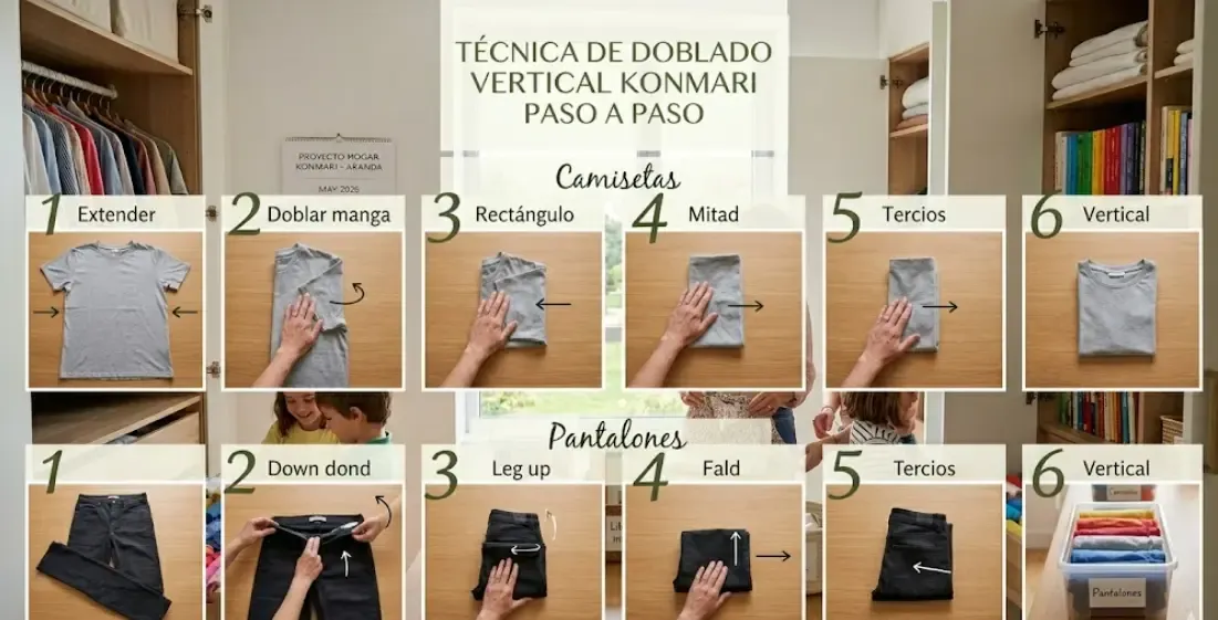 Técnica de doblado vertical KonMari paso a paso para camisetas y pantalones