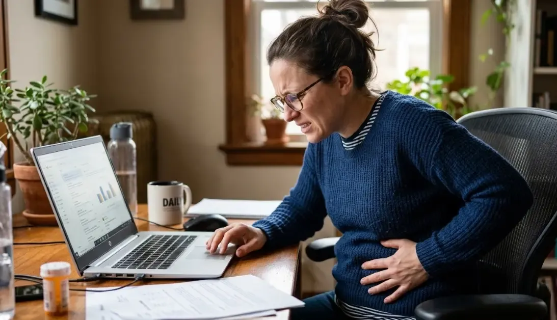 Persona trabajando en un portátil tocándose el abdomen con gesto de dolor e incomodidad por inflamación intestinal