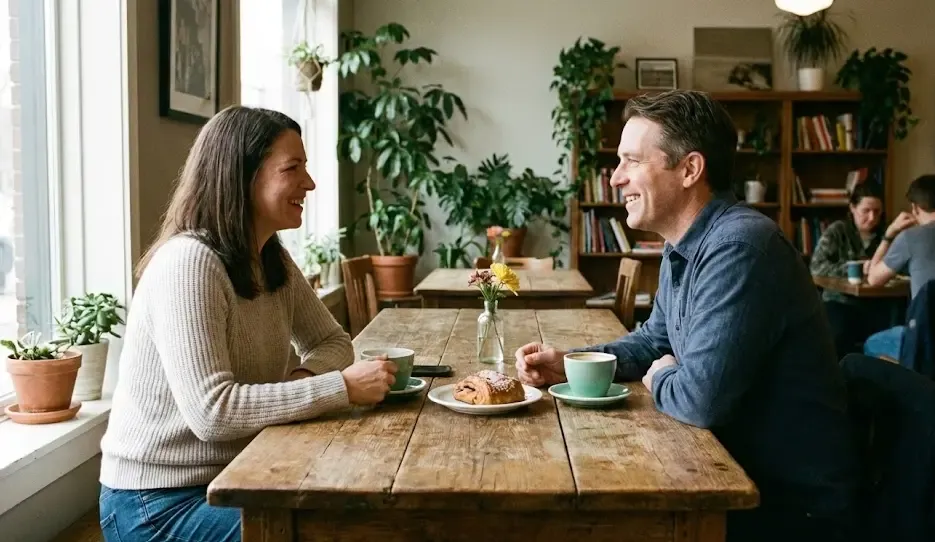 Dos personas conversando tranquilamente en una cafetería, manteniendo contacto visual y postura relajada