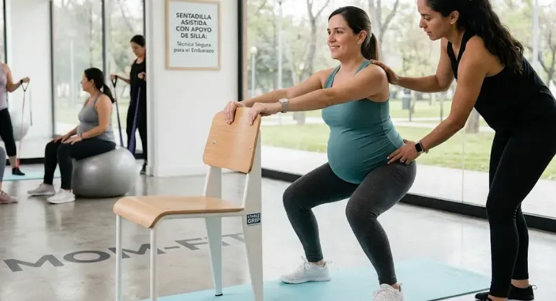 Embarazada realizando sentadilla asistida con apoyo de silla