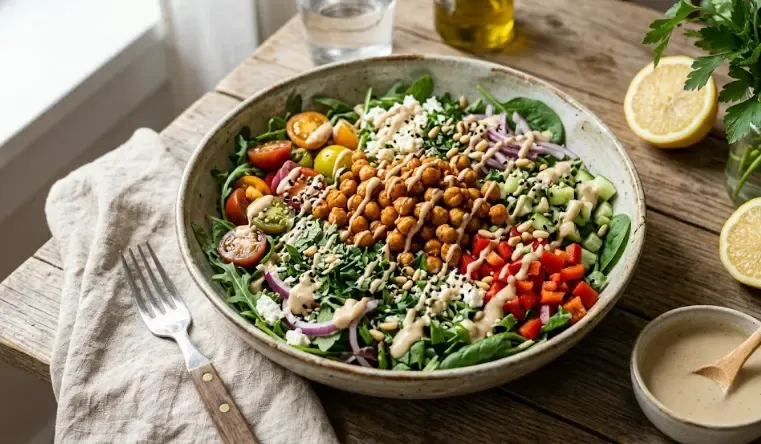 Ensalada de garbanzos crujientes con pepino, cebolla morada, cilantro y aliño de tahini