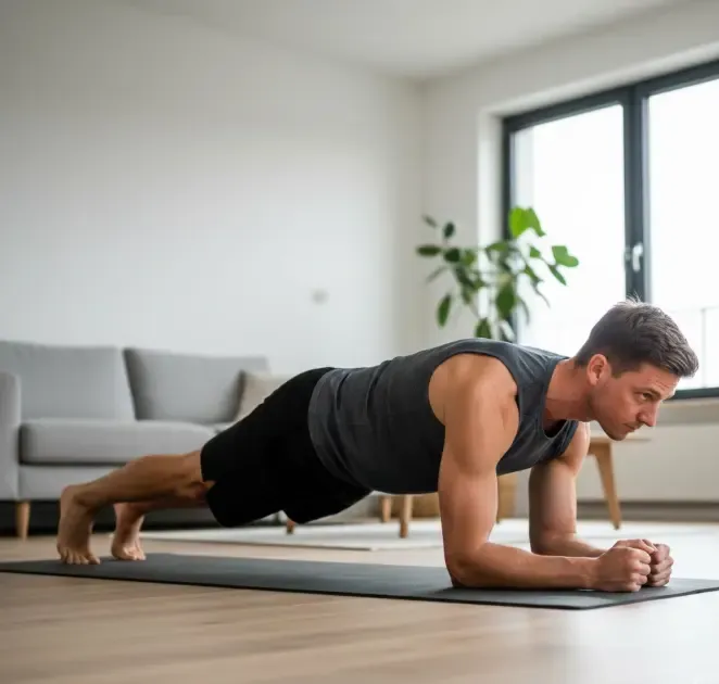 Hombre realizando una plancha abdominal perfecta en el salón de su casa, demostrando un core fuerte y alineado