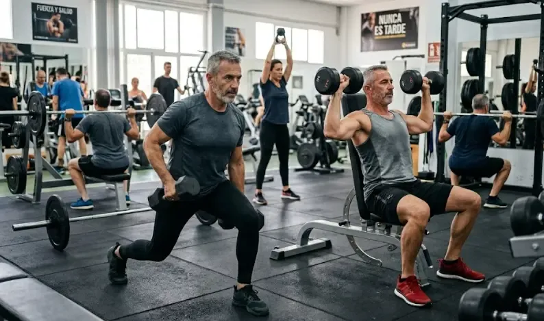 Hombre de 50 años entrenando fuerza con mancuernas en el gimnasio