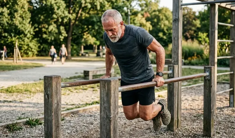 Hombre mayor fuerte entrenando funcional al aire libre con peso corporal