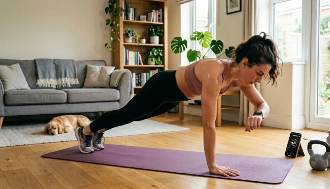 Persona mirando el reloj mientras entrena en casa