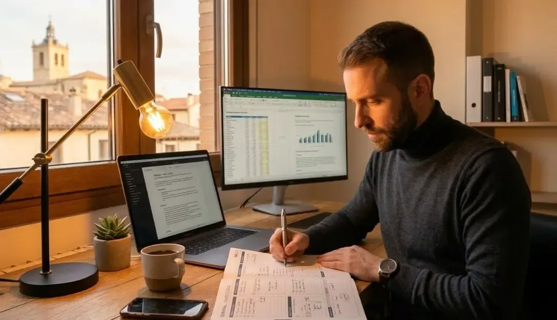 Escritorio ergonómico con luz cálida y agenda abierta, ideal para el trabajo profundo
