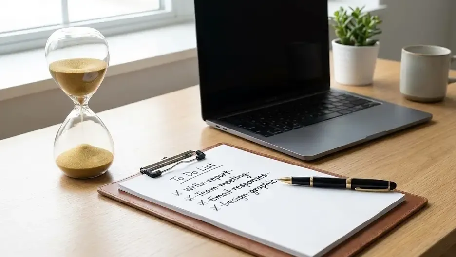 Escritorio organizado con un reloj de arena y una lista de tareas tachadas, simbolizando productividad