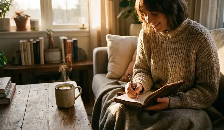 Persona escribiendo en un diario con una taza de té, ambiente relajado y luz cálida