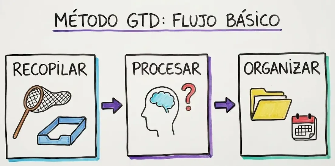 Esquema visual simple del diagrama de flujo del Método GTD: Recopilar -> Procesar -> Organizar