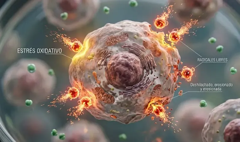 Representación gráfica del estrés oxidativo y células