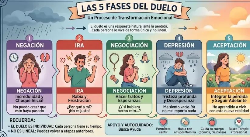 Infografía: Mitos vs Realidad de las Fases del Duelo