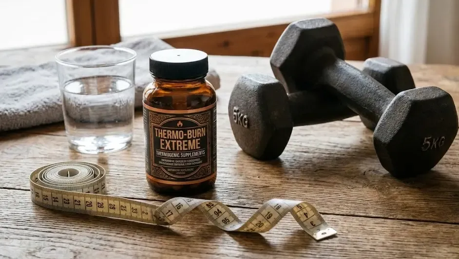 Un bote de suplementos termogénicos junto a unas mancuernas y una cinta métrica sobre una mesa de madera