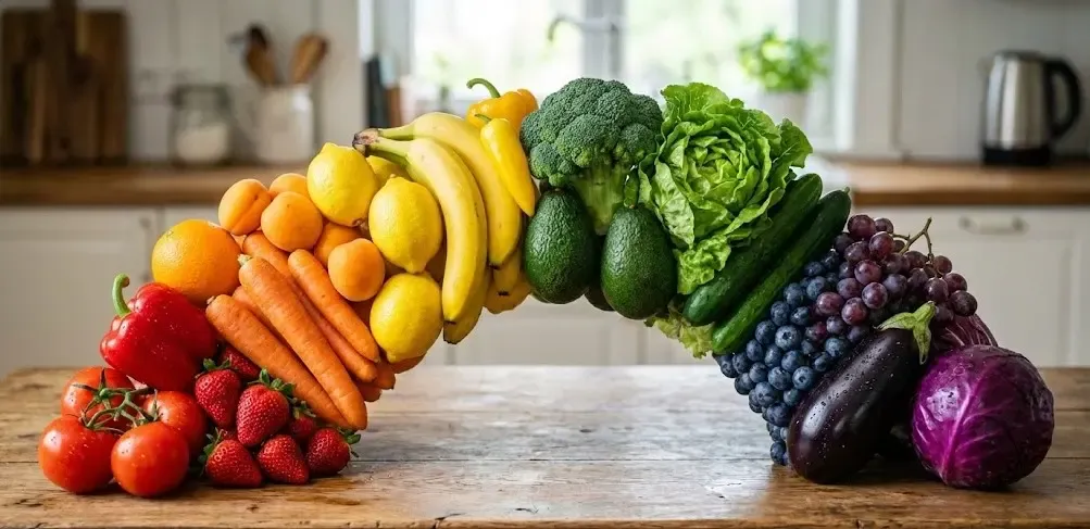 Bodegón de frutas y verduras frescas organizadas por colores formando un arcoíris sobre una mesa de madera
