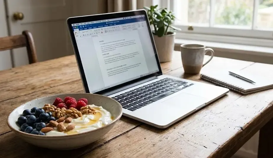 Mesa de trabajo con ordenador y un bol de yogur con frutas y nueces al lado