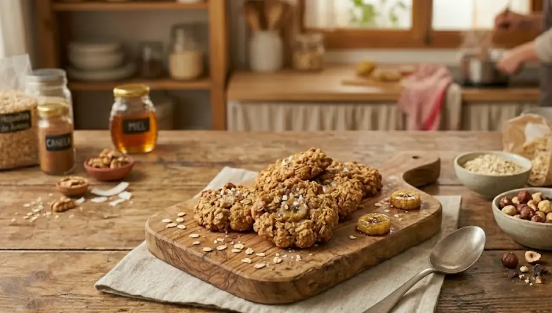 Galletas de avena y plátano sin azúcar sobre tabla de madera