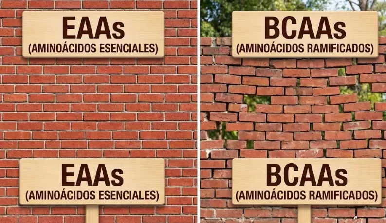 Comparativa visual simple: Muro de ladrillos completo (EAAs) vs Muro con huecos (BCAAs)