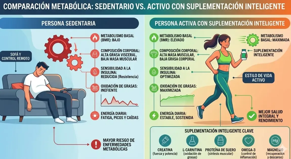 Gráfico comparativo del metabolismo de una persona sedentaria frente a una persona activa que utiliza suplementación inteligente