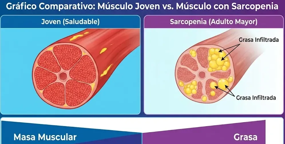 Gráfico comparativo de un músculo joven vs un músculo con sarcopenia mostrando la infiltración de grasa
