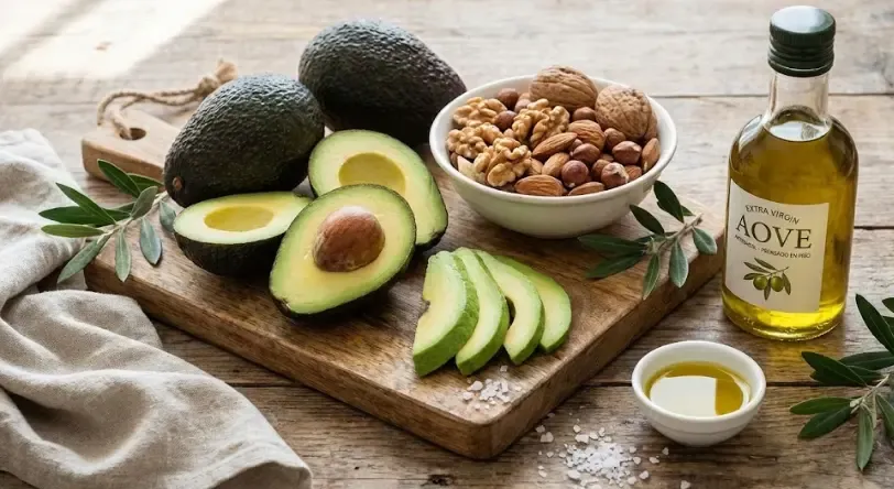 Detalle de un aguacate abierto por la mitad junto a un tarro de nueces y una botella de aceite de oliva virgen extra