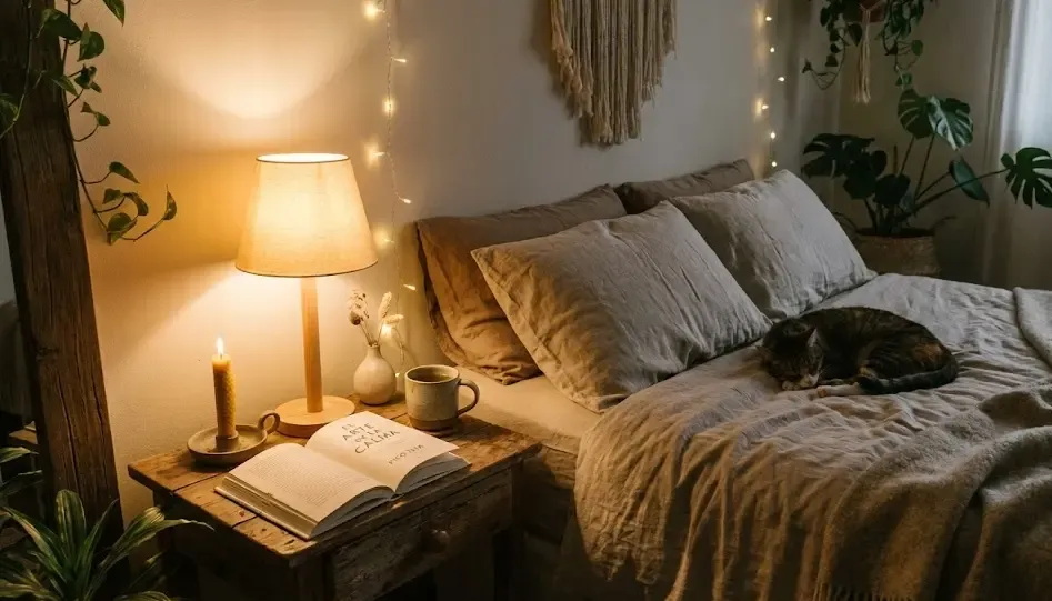 Una habitación con luces tenues y cálidas, un libro sobre la mesilla y ambiente relajante para preparar el sueño