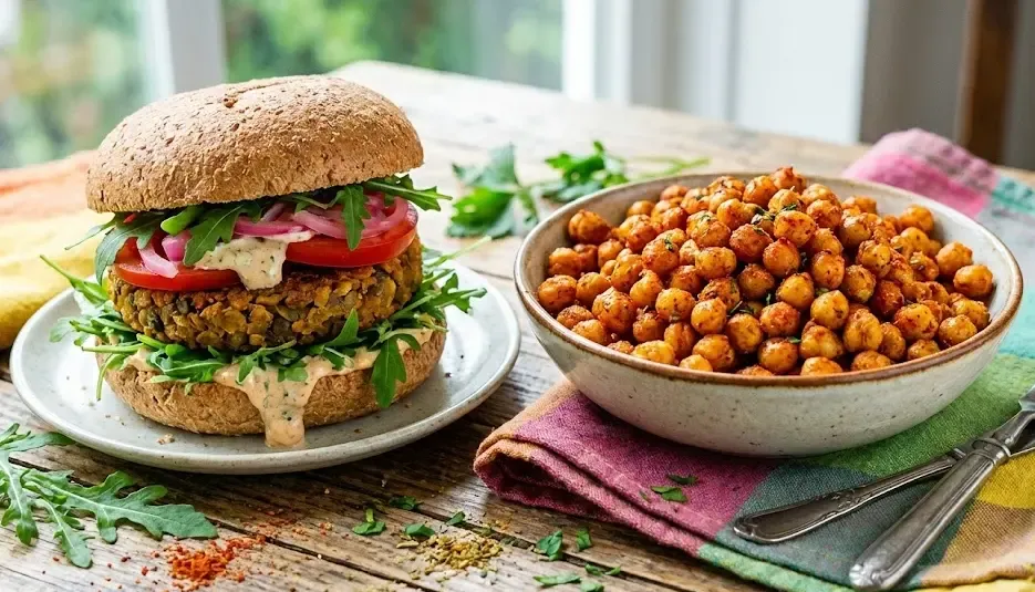 Bodegón colorido con una hamburguesa vegana de lentejas en pan integral y un bol de garbanzos especiados tostados al horno