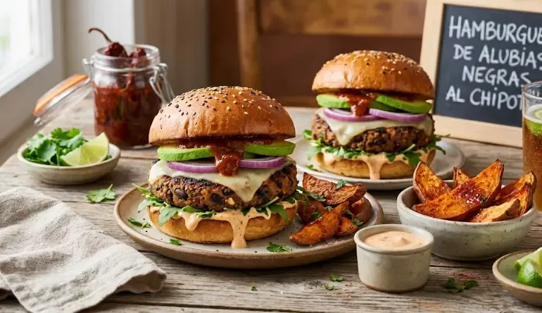 Hamburguesas de alubias negras con chipotle sobre tabla con aguacate y pan de centeno