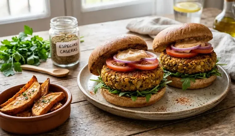 Hamburguesas de lentejas y especias sobre tabla con pan integral y lechuga