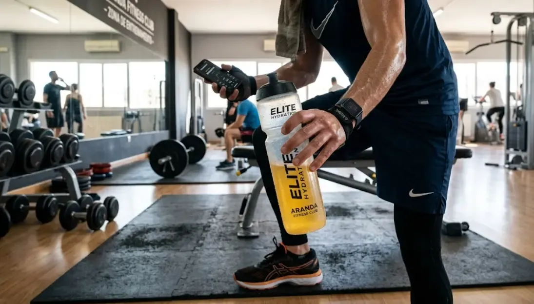 Botella de agua y electrolitos durante entrenamiento