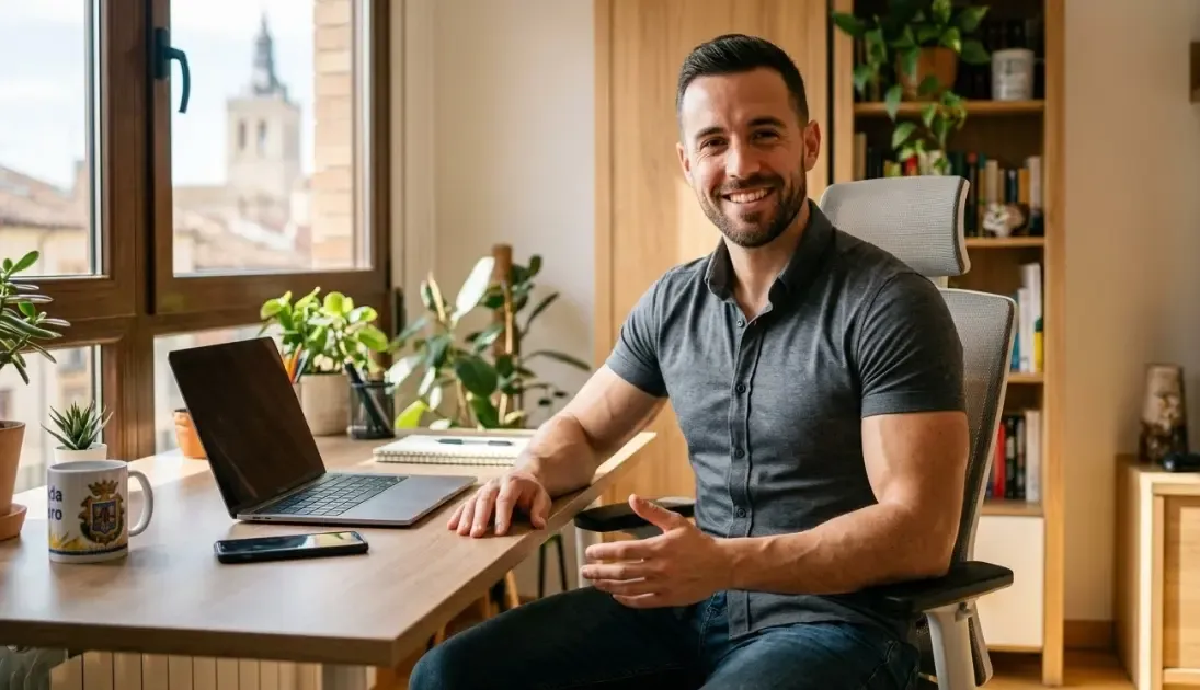 Hombre sonriente con brazos tonificados sentado en escritorio, aspecto saludable y feliz