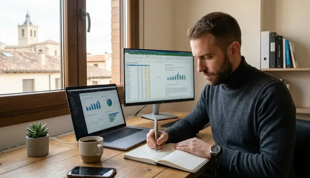 Hombre profesional concentrado trabajando en un entorno limpio sin distracciones