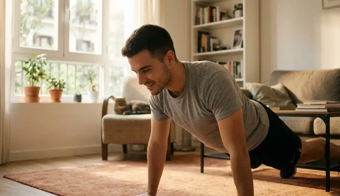 Hombre joven haciendo flexiones en salón de casa, expresión relajada y concentrada, luz natural
