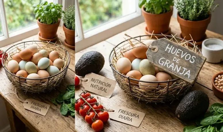 Huevos frescos de granja en una cesta de mimbre