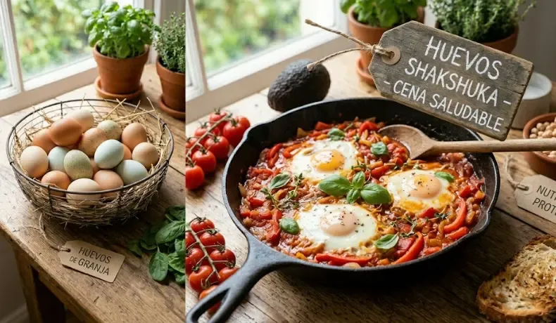 Sartén con huevos shakshuka salsa de tomate