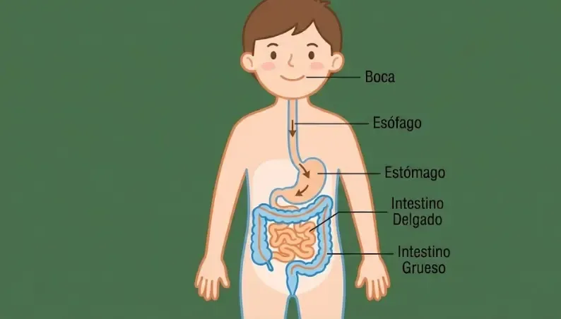 Ilustración médica simplificada del sistema digestivo mostrando el camino de los alimentos