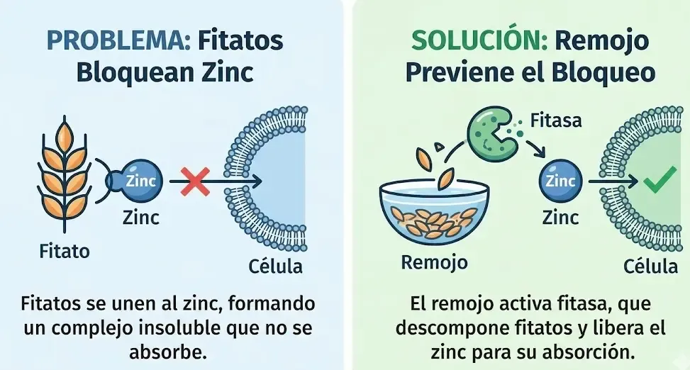 Infografía simple mostrando cómo los fitatos bloquean la absorción del zinc y cómo el remojo lo previene