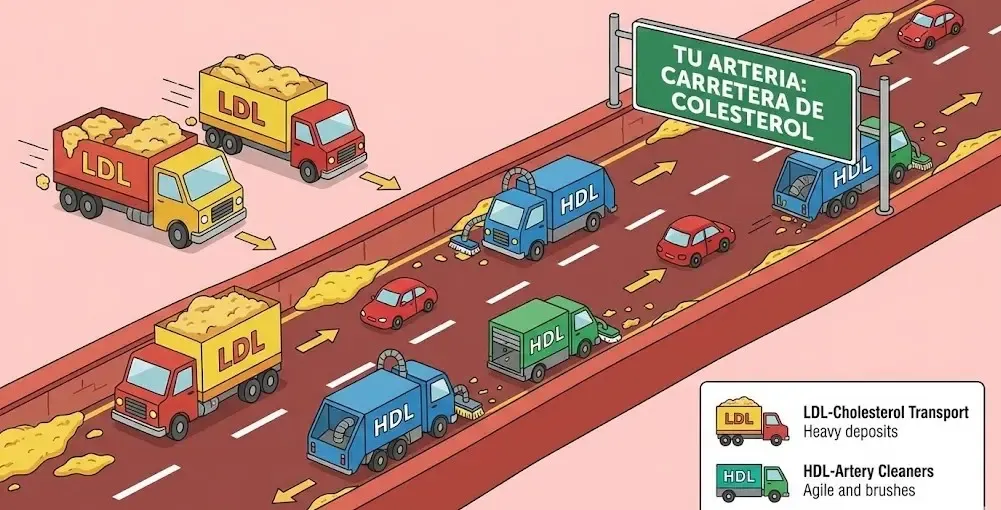 Infografía simplificada de una arteria como carretera con camiones HDL limpiando y LDL transportando