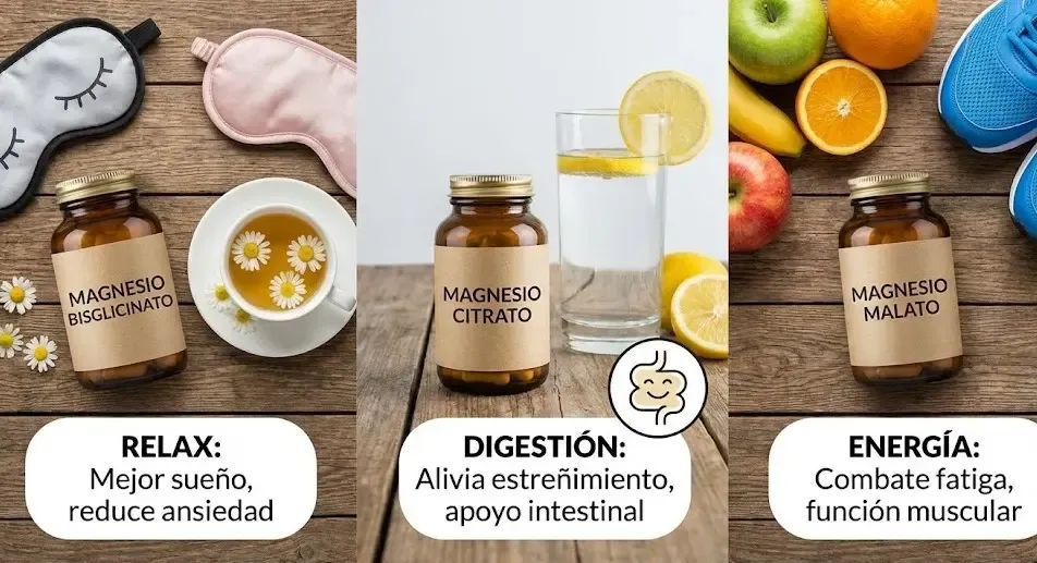 Infografía comparativa de los tipos de magnesio: Bisglicinato (Relax), Citrato (Digestión), Malato (Energía)