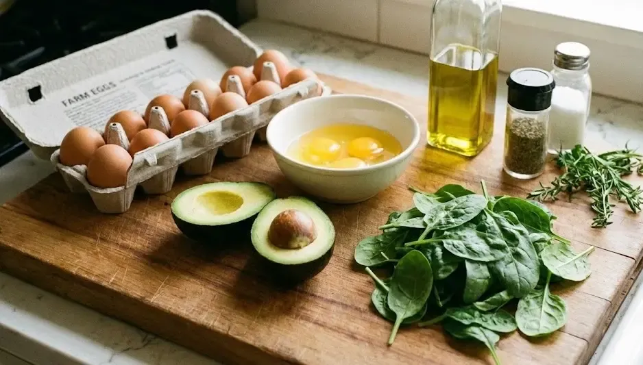 Ingredientes frescos sobre una tabla de cortar: huevos, aguacate y espinacas listos para cocinar