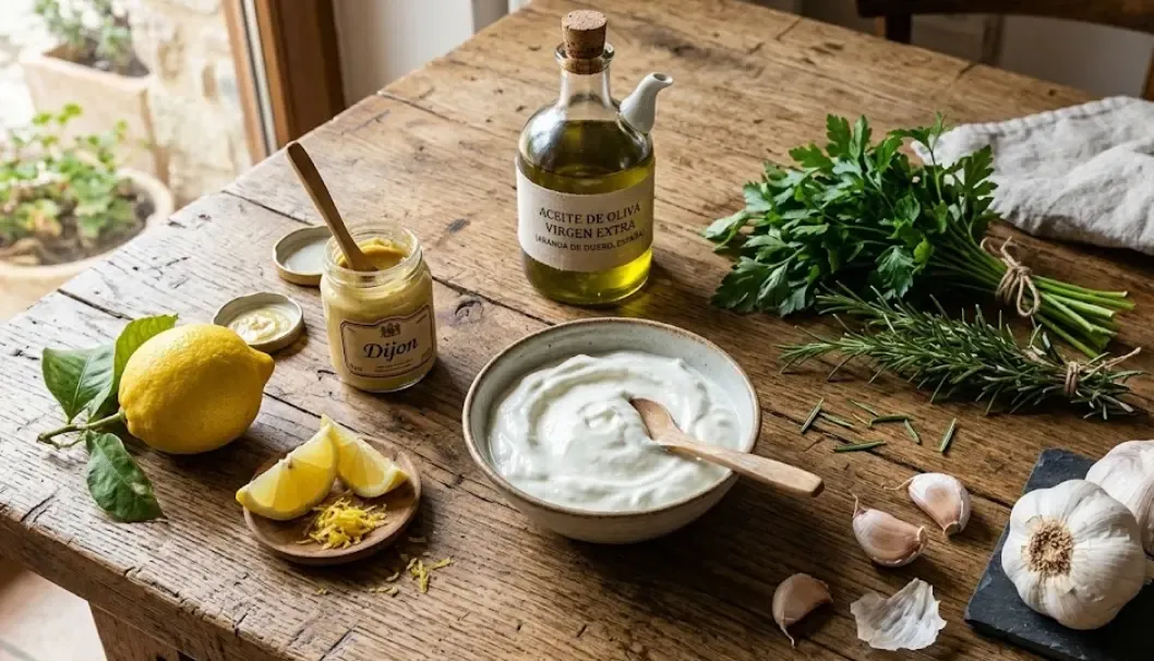Ingredientes saludables sobre una mesa de madera rústica: yogur, limón, mostaza dijon, aceite de oliva, ajo y hierbas frescas