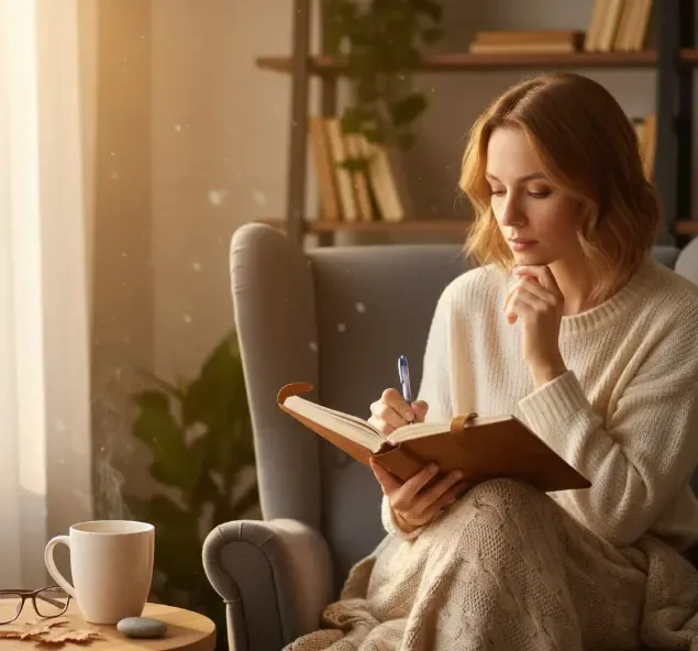 Una persona escribiendo en un cuaderno de notas (journal) junto a una taza de té caliente, en un ambiente relajado y con luz cálida