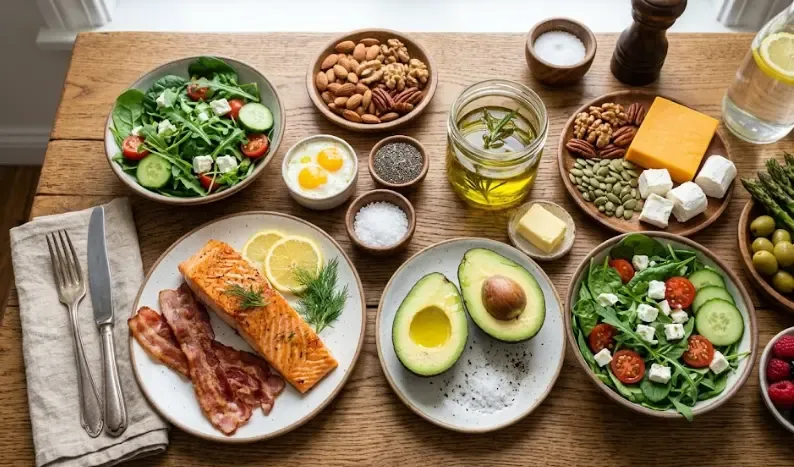 Alimentos permitidos en la dieta keto: aguacates, huevos, pescado azul, frutos secos y verduras de hoja verde
