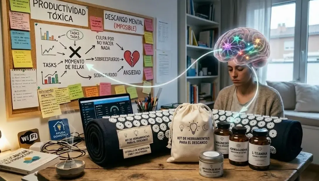 Kit de herramientas para el descanso incluyendo esterilla de acupresion y suplementos