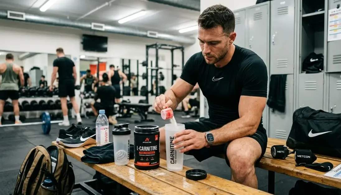Atleta profesional preparando su suplementación de L-carnitina antes de un entrenamiento de alta intensidad