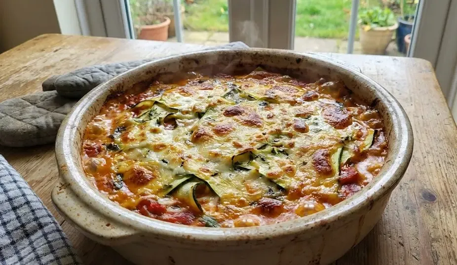 Lasaña de calabacín recién salida del horno, burbujeante y dorada